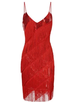 Best Retro Stage 1920s Spaghetti Strap Sequin Fringe Dress Red