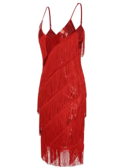 Best Retro Stage 1920s Spaghetti Strap Sequin Fringe Dress Red