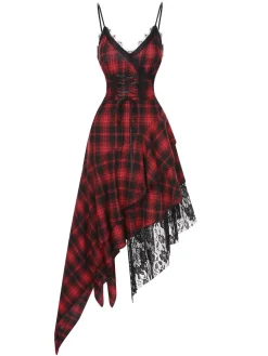 Outlet Retro Stage 1950s Spaghetti Straps Plaid Irregular Hem Dress Red