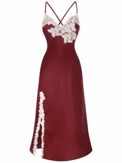 Fashion Retro Stage 1930s Spaghetti Straps Side-Slit Lace Nightgown Red