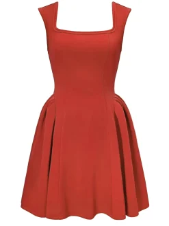 Online Retro Stage 1950s Square Neck Solid Dress Red