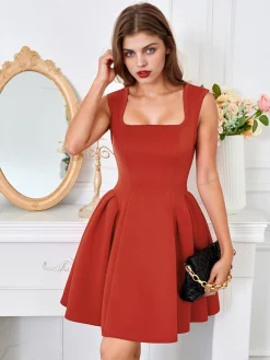 Online Retro Stage 1950s Square Neck Solid Dress Red