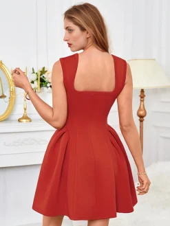 Online Retro Stage 1950s Square Neck Solid Dress Red