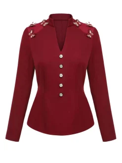 Sale Retro Stage 1940s Stand Collar Butterflies Blouse Red