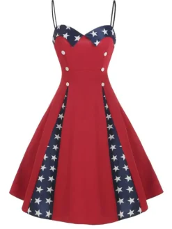 Online Retro Stage 1950s Stars Patchwork Strap Dress Red