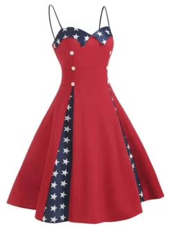 Online Retro Stage 1950s Stars Patchwork Strap Dress Red