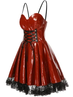 Discount Retro Stage 1970s Steampunk Glossy Lace-Up Suspender Dress Red
