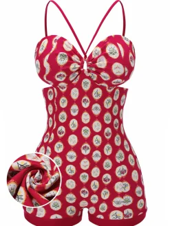 Discount Retro Stage 1950s Strap Floral One-piece Swimsuit Red