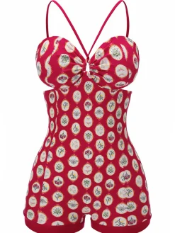 Discount Retro Stage 1950s Strap Floral One-piece Swimsuit Red