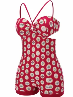 Discount Retro Stage 1950s Strap Floral One-piece Swimsuit Red