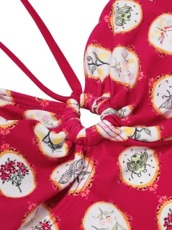 Discount Retro Stage 1950s Strap Floral One-piece Swimsuit Red