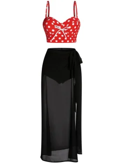 New Retro Stage 1950s Strap Polka Dot Bikini Set Red