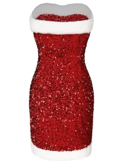Sale Retro Stage 1960s Strapless Sequined Dress Red