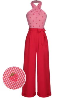 Outlet Retro Stage 1950s Strawberry Cross Halter Jumpsuit Red