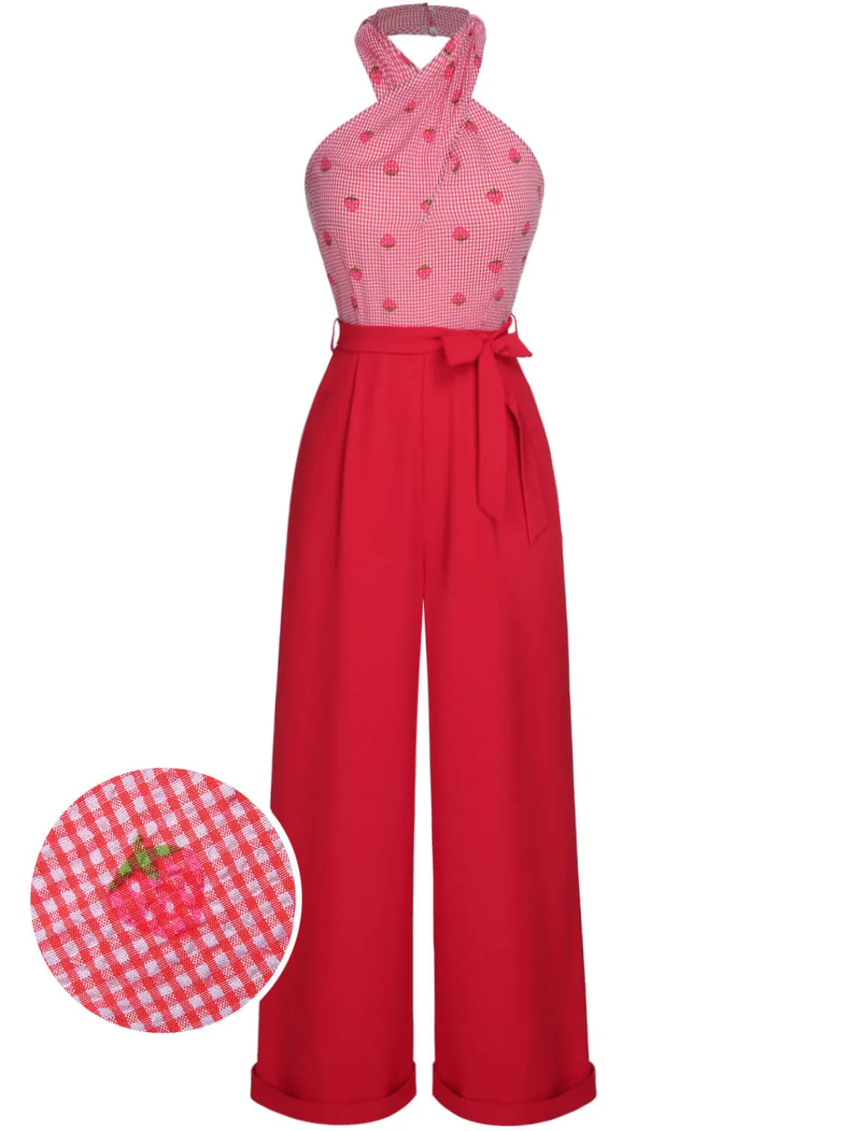 Outlet Retro Stage 1950s Strawberry Cross Halter Jumpsuit Red