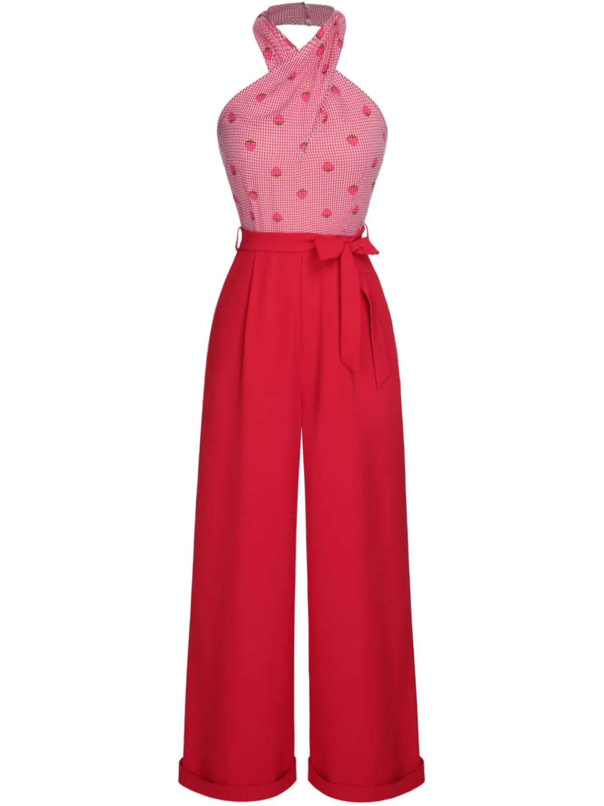 Outlet Retro Stage 1950s Strawberry Cross Halter Jumpsuit Red