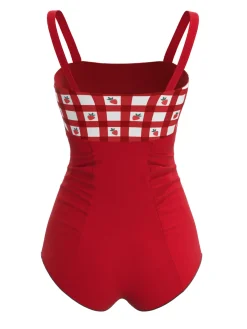 Best Retro Stage 1950s Strawberry Plaid Suspender Swimsuit Red