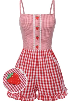 Best Retro Stage 1950s Strawberry Plaid Suspender Romper Red