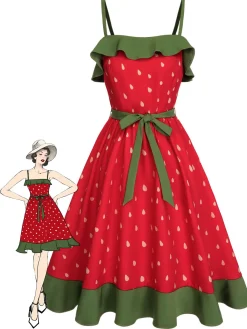 Discount Retro Stage 1950s Strawberry Ruffle Belt Dress Red
