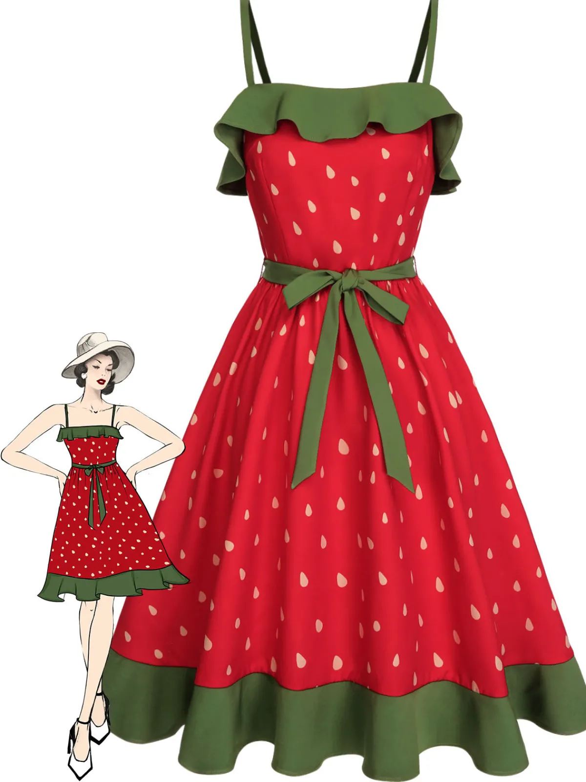 Discount Retro Stage 1950s Strawberry Ruffle Belt Dress Red