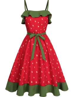 Discount Retro Stage 1950s Strawberry Ruffle Belt Dress Red