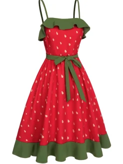 Discount Retro Stage 1950s Strawberry Ruffle Belt Dress Red