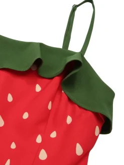 Discount Retro Stage 1950s Strawberry Ruffle Belt Dress Red