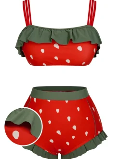 Hot Retro Stage Red 1950s Strawberry Ruffle Strap Swimsuit