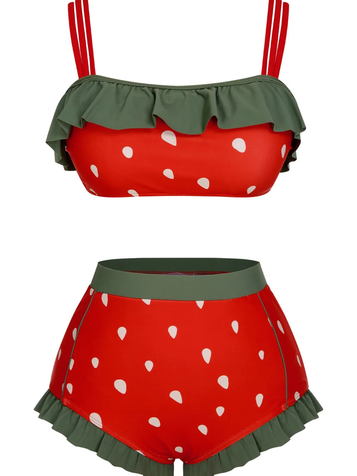 Hot Retro Stage Red 1950s Strawberry Ruffle Strap Swimsuit