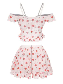 Online Retro Stage 1960s Strawberry Ruffles Cold-Shoulder Pajamas Red