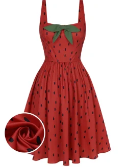 Outlet Retro Stage 1950s Strawberry Seed Straps Dress Red