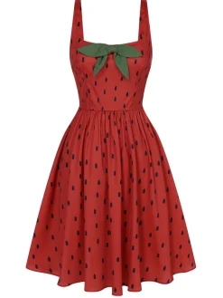 Outlet Retro Stage 1950s Strawberry Seed Straps Dress Red