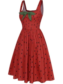 Outlet Retro Stage 1950s Strawberry Seed Straps Dress Red