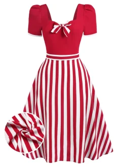 Clearance Retro Stage Red 1950s Striped Bow Dress
