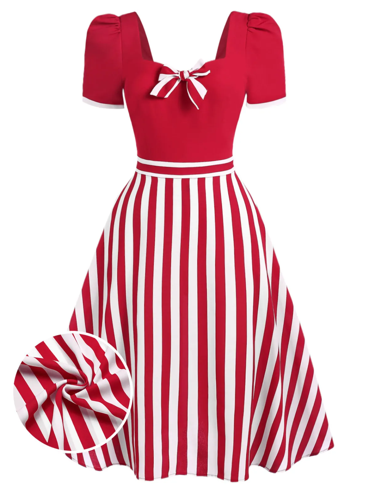 Clearance Retro Stage Red 1950s Striped Bow Dress