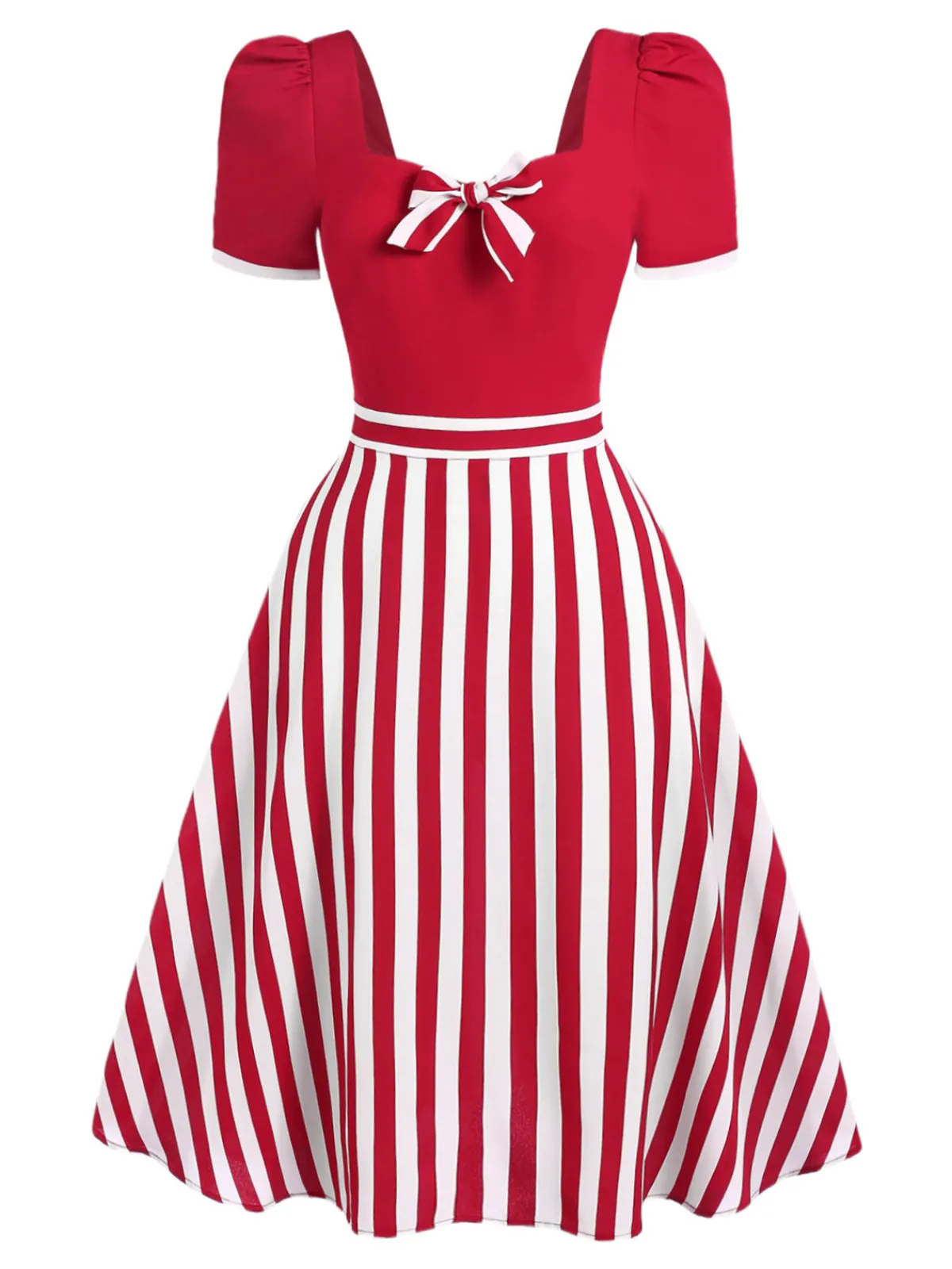 Clearance Retro Stage Red 1950s Striped Bow Dress