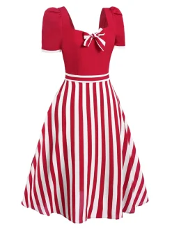 Clearance Retro Stage Red 1950s Striped Bow Dress