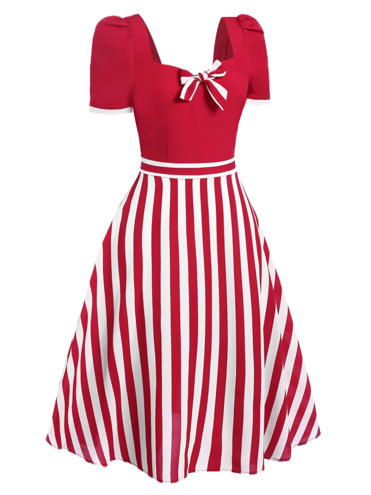 Clearance Retro Stage Red 1950s Striped Bow Dress