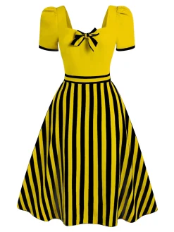 Clearance Retro Stage Red 1950s Striped Bow Dress