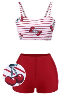 Clearance Retro Stage 1950s Striped Cherry Strap Swimsuit Red