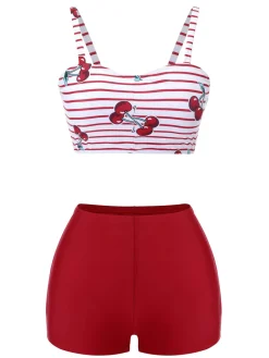 Clearance Retro Stage 1950s Striped Cherry Strap Swimsuit Red