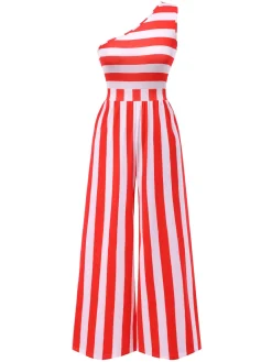 Clearance Retro Stage 1950s Striped One-Shoulder Jumpsuit Red