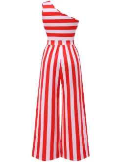 Clearance Retro Stage 1950s Striped One-Shoulder Jumpsuit Red