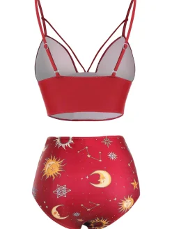 Outlet Retro Stage Red 1940s Sun Moon Stars Lace-Up Swimsuit