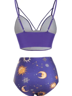 Outlet Retro Stage Red 1940s Sun Moon Stars Lace-Up Swimsuit