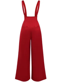 Clearance Retro Stage 1970s Suspender Wide-Leg Solid Pants Red