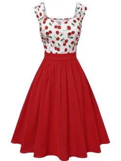 Online Retro Stage 1950s Sweetheart Neck Cap-Sleeve Cherry Dress Red