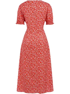 Outlet Retro Stage 1940s Sweetheart Neck Ditsy Floral Slit Dress Red
