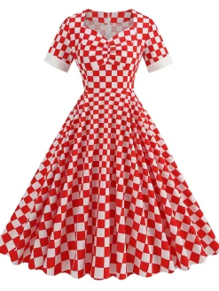 Fashion Retro Stage 1950s Sweetheart Neck Plaids Dress Red