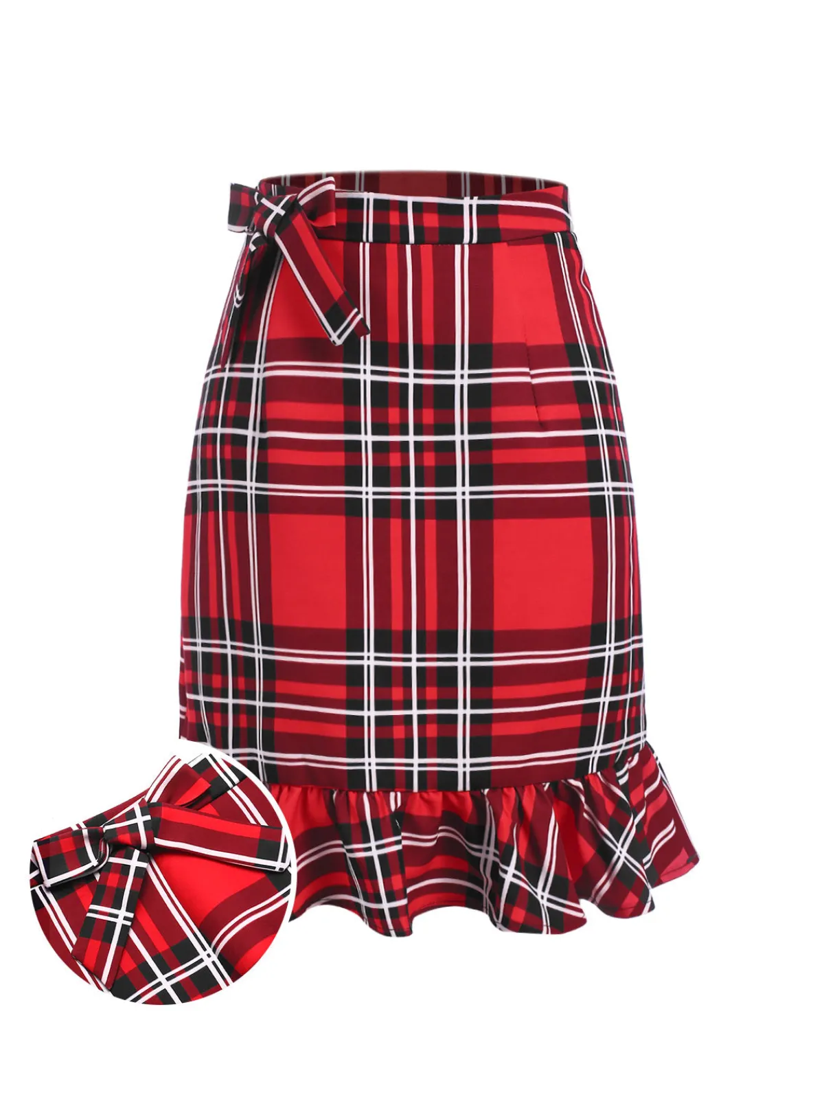 Clearance Retro Stage 1970s Tartan Plaids Bow Ruffles Skirt Red